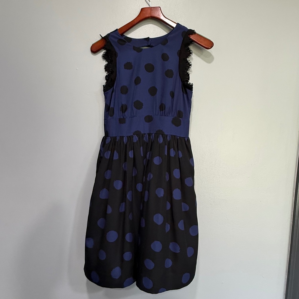 Corey Lynn Calter Polka Dot Lace‎ Trim Open Back Dress Navy Black Size 2